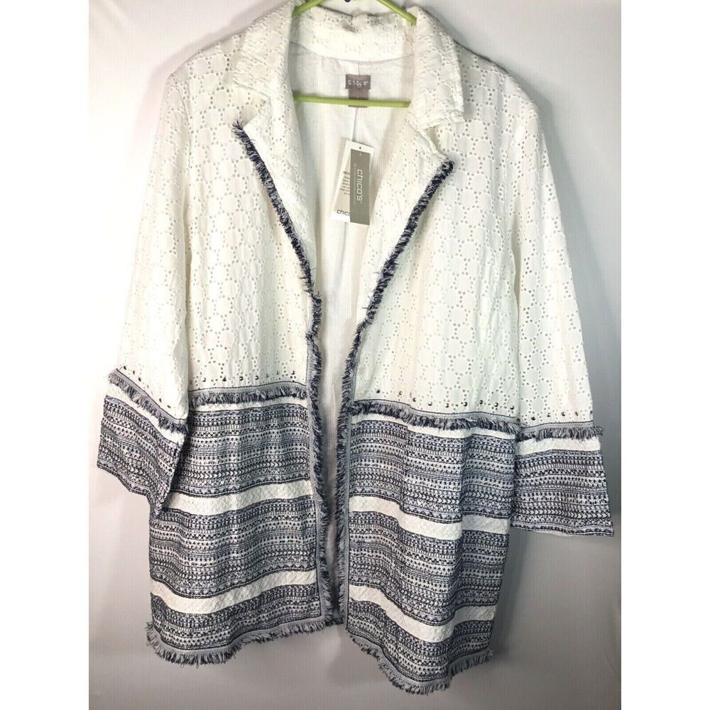 NWT Chico's 4 Open Cardigan Embellished Eyelet Jacket Women's Size XL White Navy